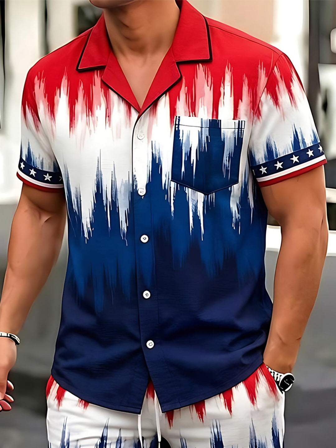 Independence Day American Flag Gradient Tie Dye Men's Pocket Short Sleeve Set