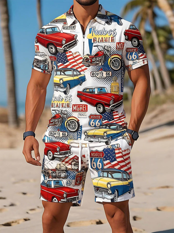 Independence Day Route 66 Vintage Classic Car American Motorcycle Men's Short Sleeve Zipper Polo Sets