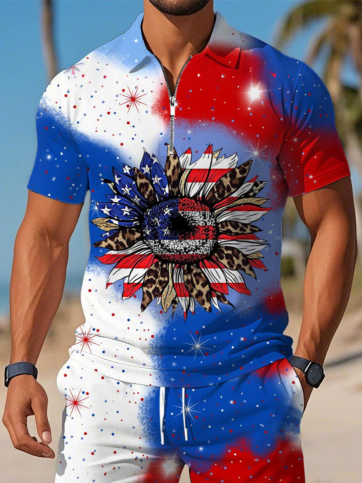 Independence Day Sunflower Gradient Print Men's Short Sleeve Zipper Polo Set