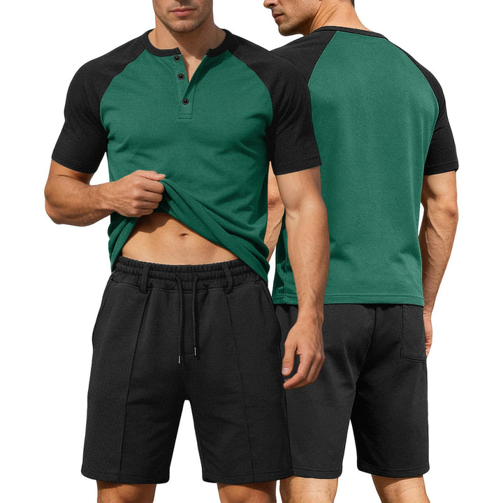 Mens Summer Track Suits 2 Piece Color Block Textured Raglan Short Sleeve T Shirts and Shorts Sets for Travel adaptable