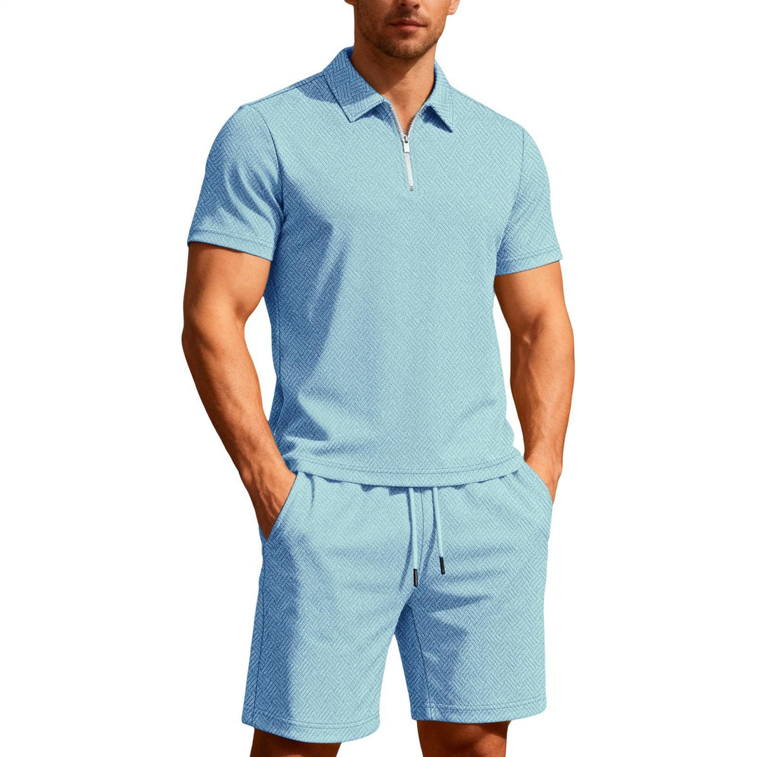 Mens Short Sets 2 Piece Outfits Textured 2 Piece Short Sleeve Collared Quarter Zip Sweatsuit Sets for Travel efficient