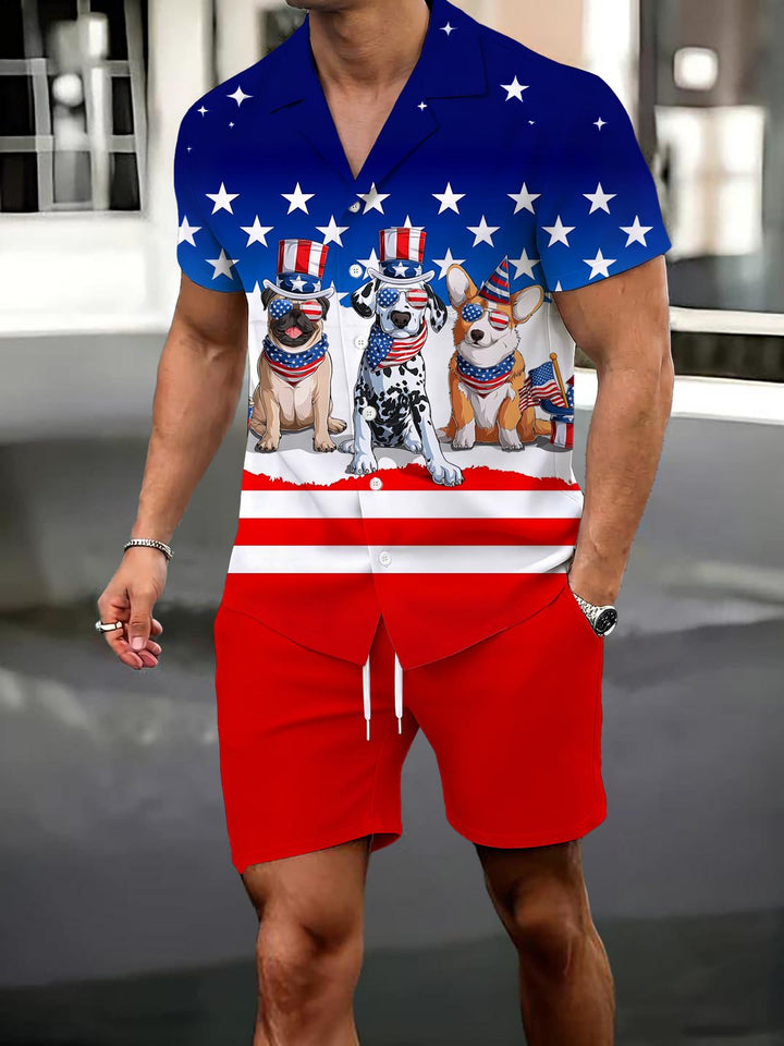 Independence Day Dog Print Men's Pocket Short Sleeve Set