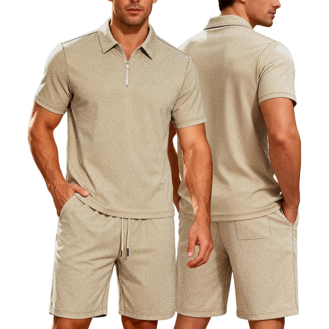 Mens Short Sets 2 Piece Outfits Textured 2 Piece Short Sleeve Collared Quarter Zip Sweatsuit Sets for Travel efficient
