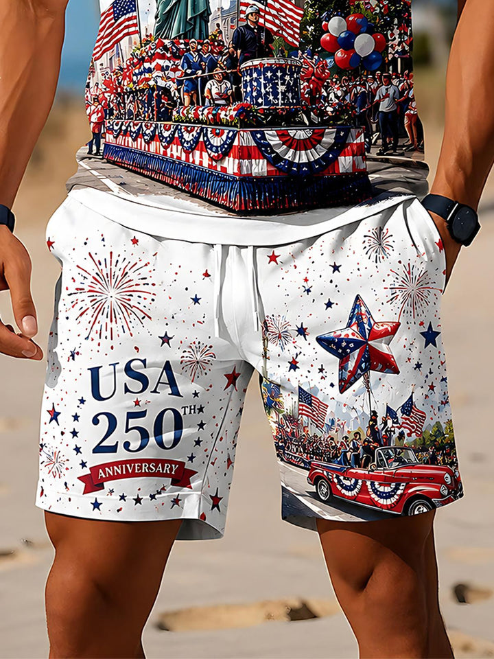 Independence Day USA 250th Anniversary Statue Of Liberty Parade Men's Short Sleeve Zipper Polo Set