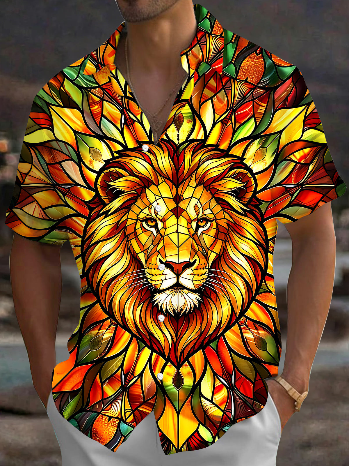 Oceanlyte Men's Graphic Stained Glass Lion Head Print Short Sleeve Shirt with Chest Pocket