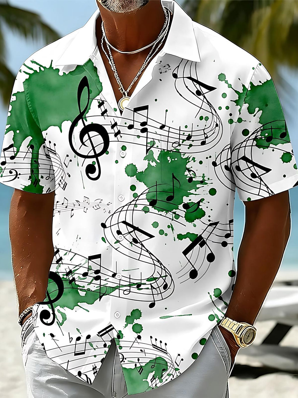 Musical Note Print Men's Pocket Short Sleeve Shirts