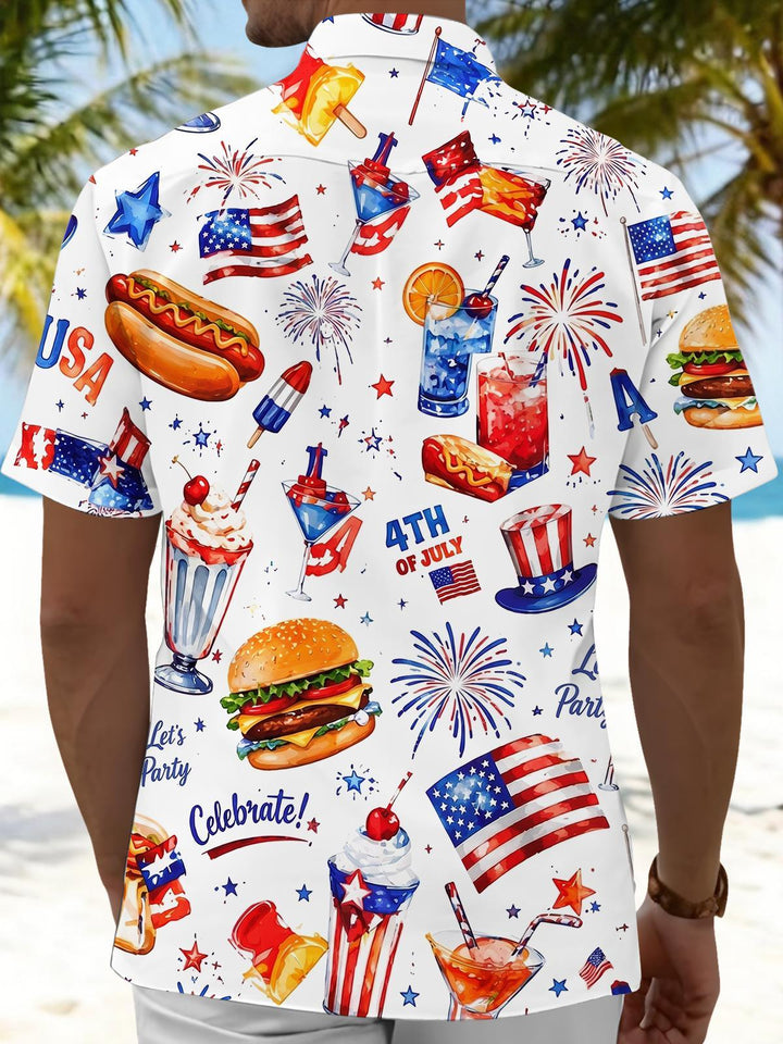 American Independence Day Hot Dog Burger Cocktail Festival Men's Pocket Short Sleeve Shirts