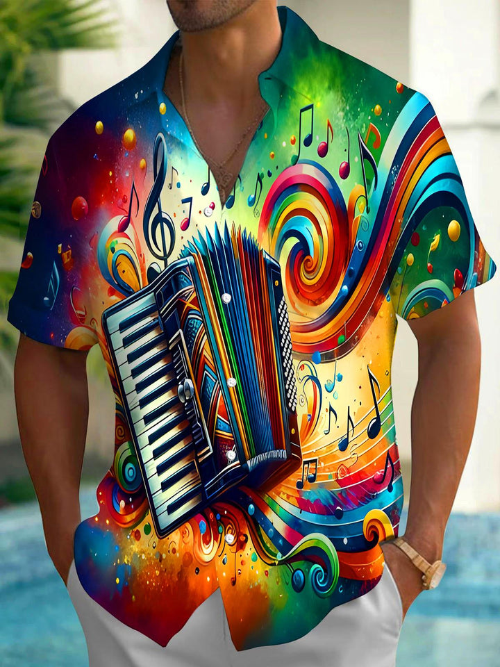 Oceanlyte Men's Abstract Colorful Accordion Music Graphic Print Short Sleeve Button Down Shirt with Chest Pocket