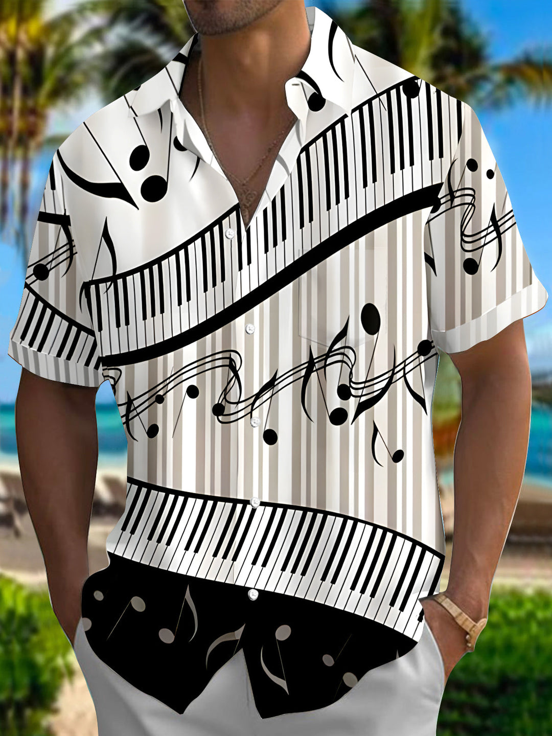 Oceanlyte Men's Graphic Piano Key Musical Note Print Short Sleeve Button Down Shirt with Chest Pocket