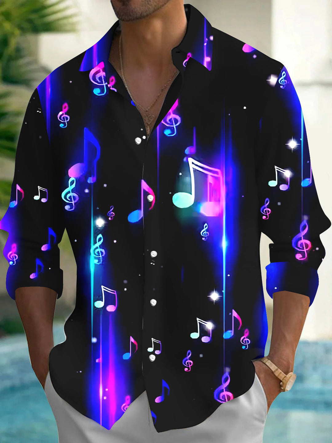 Oceanlyte Men's Graphic Glowing Musical Notes Print Long Sleeve Button Down Shirt with Chest Pocket