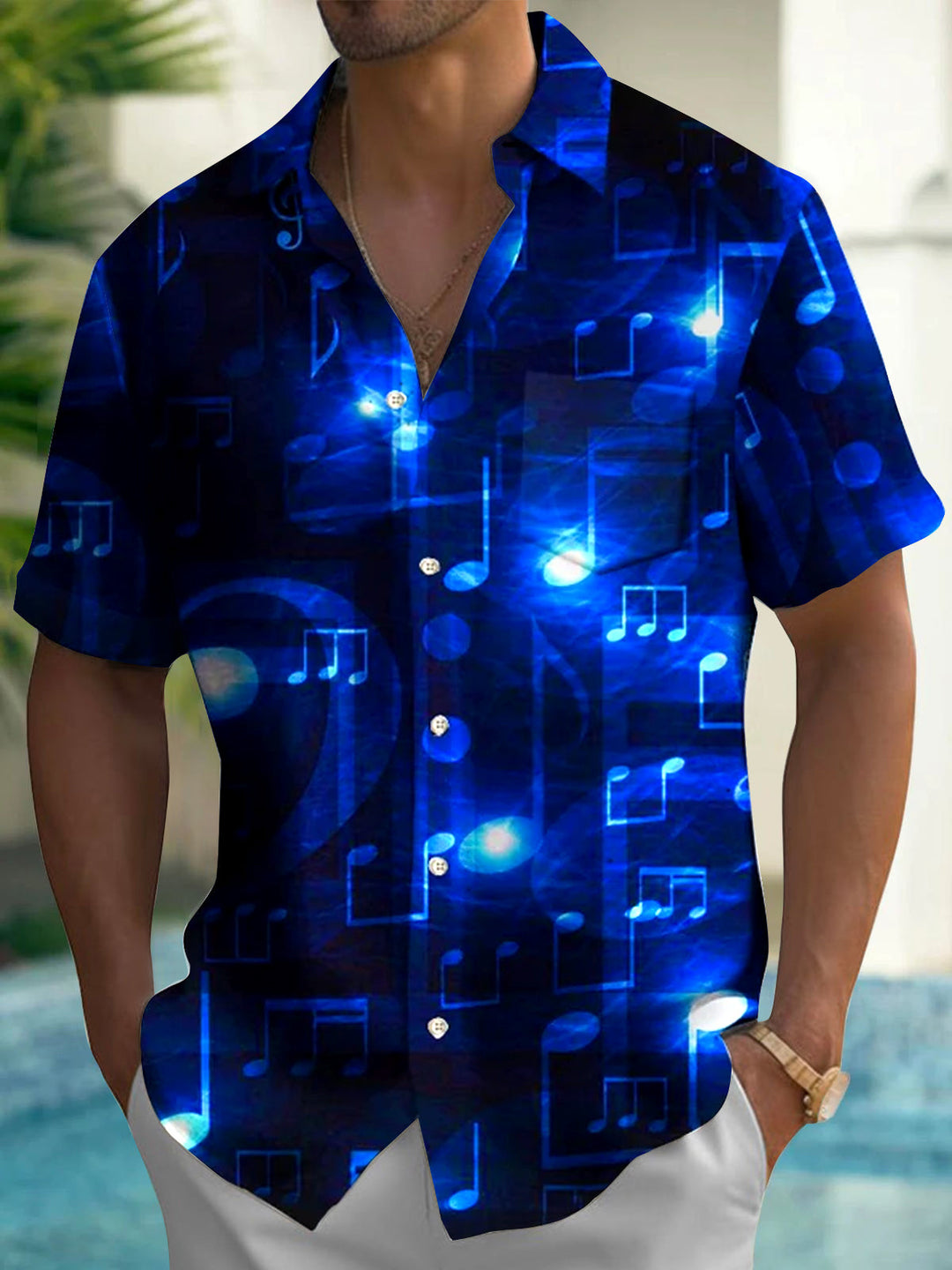 Oceanlyte Men's Abstract Musical Note Graphic Print Short Sleeve Button Down Shirt with Chest Pocket
