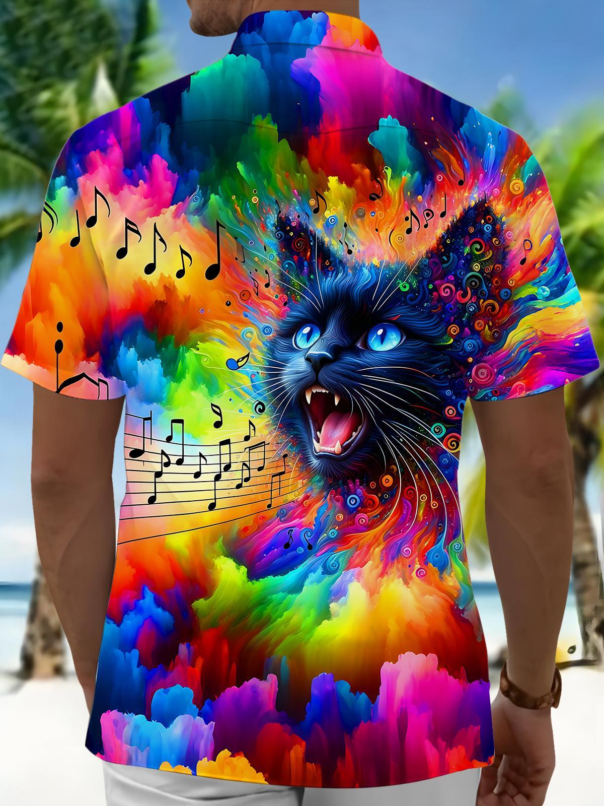 Oceanlyte Men's Graphic Abstract Psychedelic Cat Music Notes Print Short Sleeve Button Down Shirt with Chest Pocket