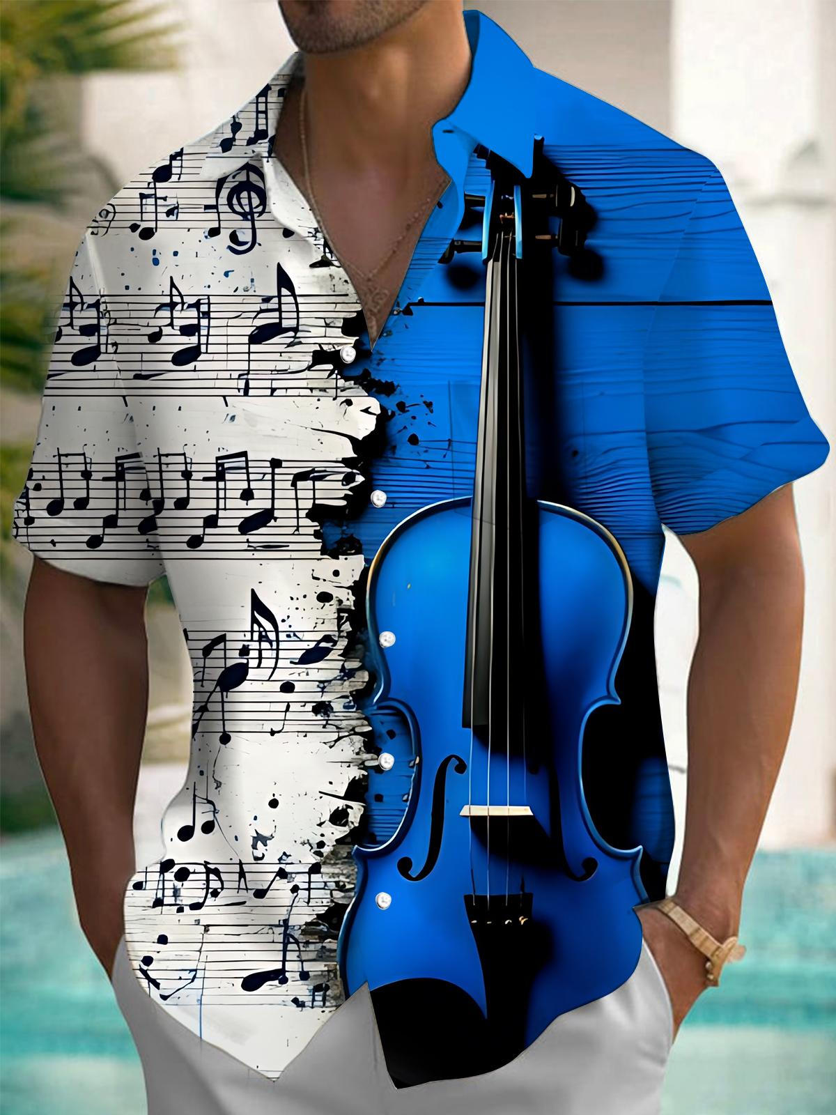 Oceanlyte Men's Graphic Musical Notes Violin Print Short Sleeve Button Down Shirt with Chest Pocket