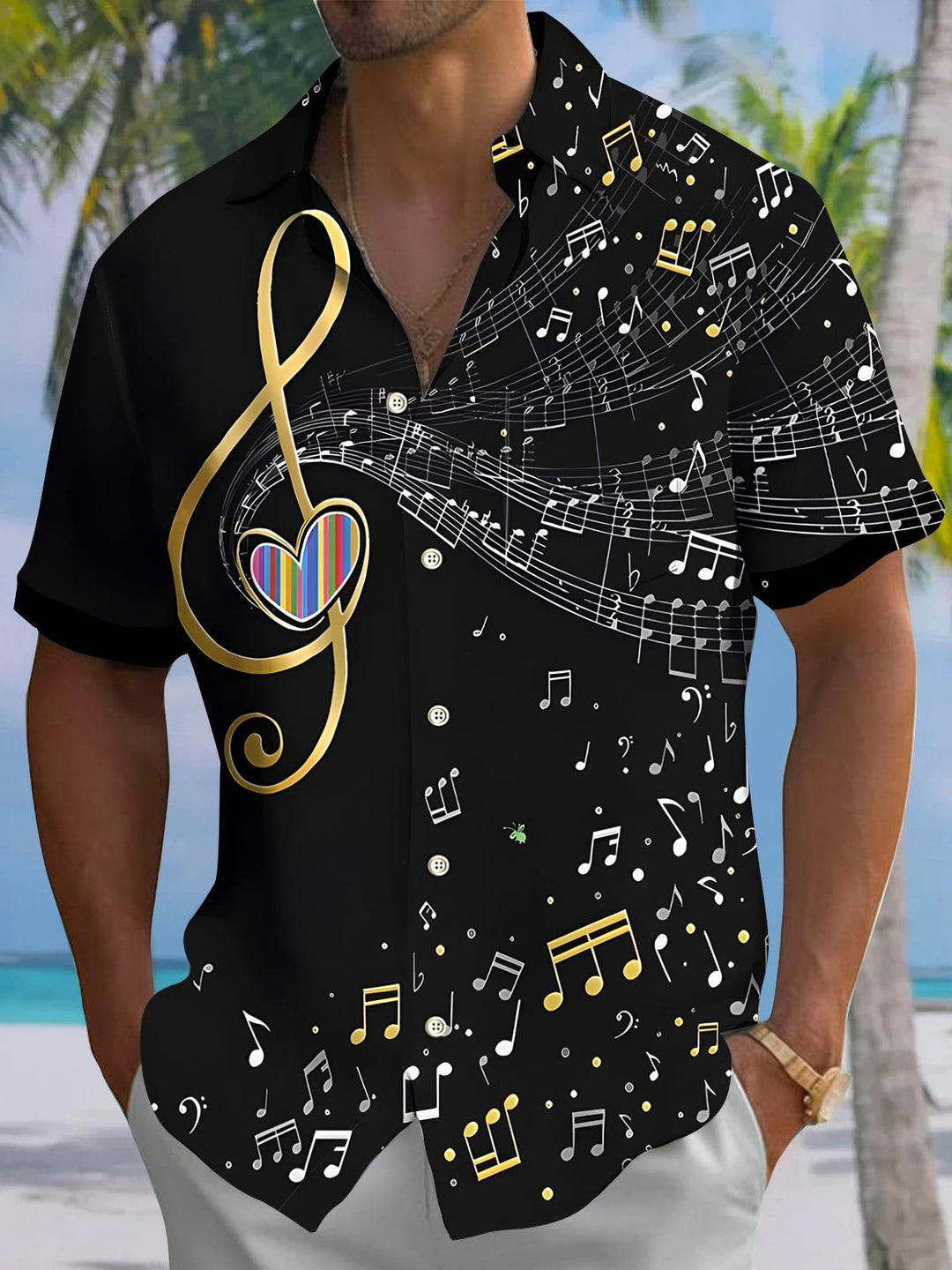 Oceanlyte Men's Graphic Gold Treble Clef Musical Note Print Short Sleeve Button Down Shirt with Chest Pocket