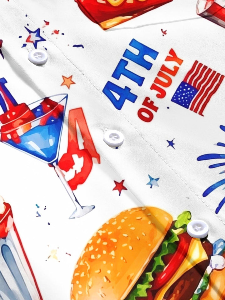 American Independence Day Hot Dog Burger Cocktail Festival Men's Pocket Short Sleeve Shirts