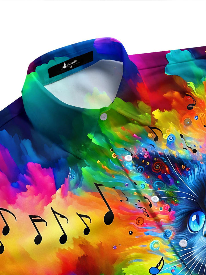 Oceanlyte Men's Graphic Abstract Psychedelic Cat Music Notes Print Short Sleeve Button Down Shirt with Chest Pocket