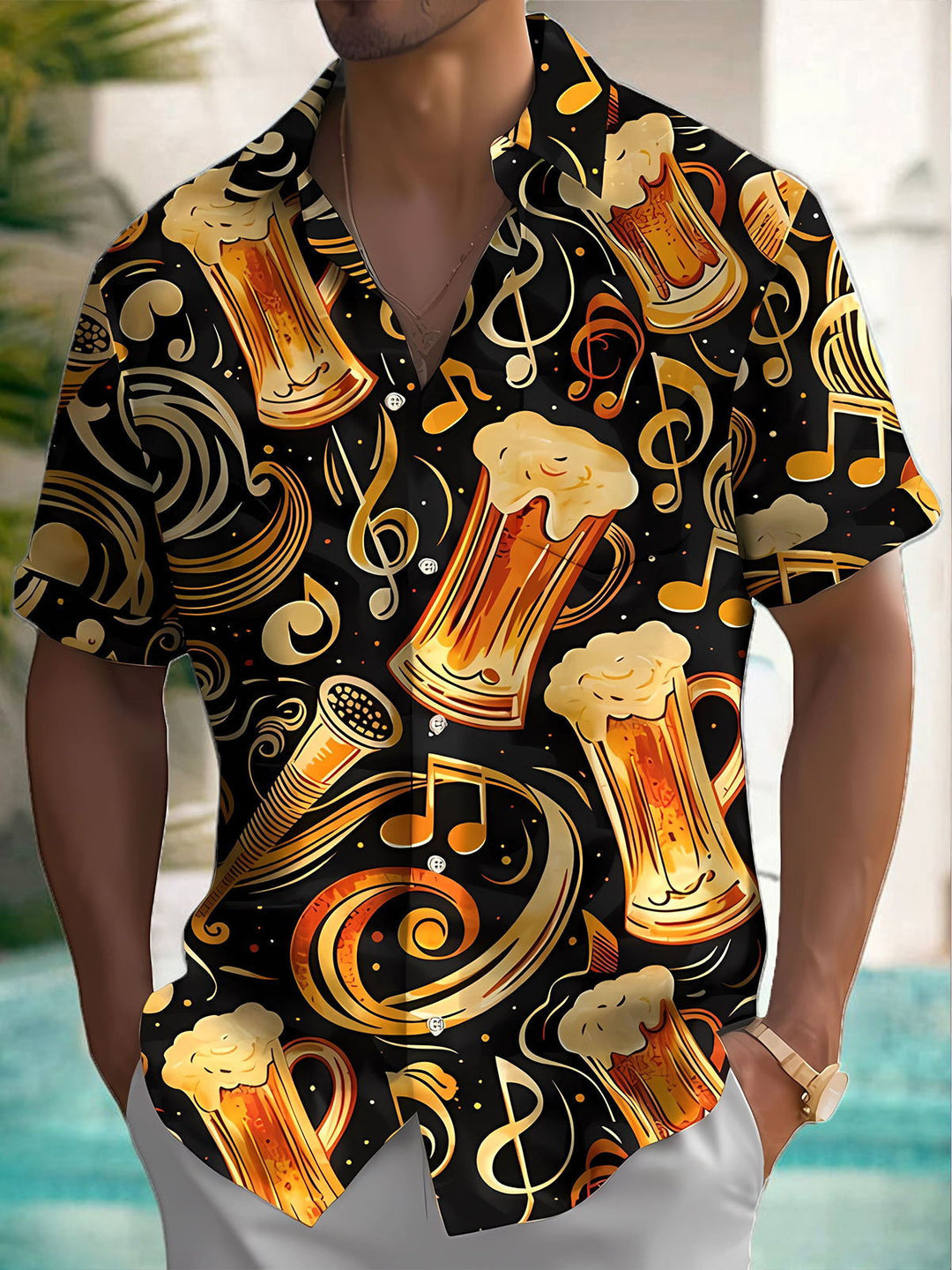 Oceanlyte Men's Graphic Beer Mug Music Note Print Short Sleeve Button Down Shirt with Chest Pocket