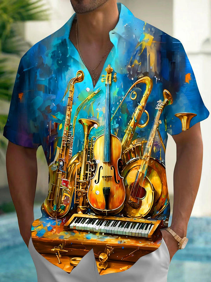 Oceanlyte Men's Graphic Abstract Musical Instruments Watercolor Print Short Sleeve Button Down Shirt with Chest Pocket
