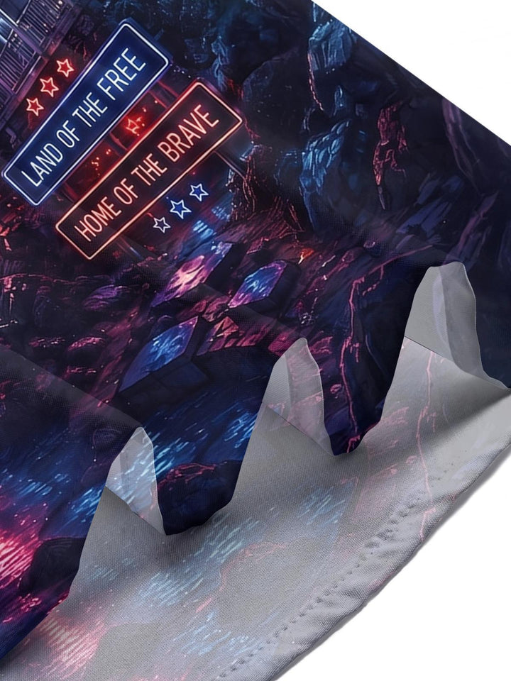 Independence Day Lighthouse Neon Night Scene Men's Pocket Short Sleeve Shirts