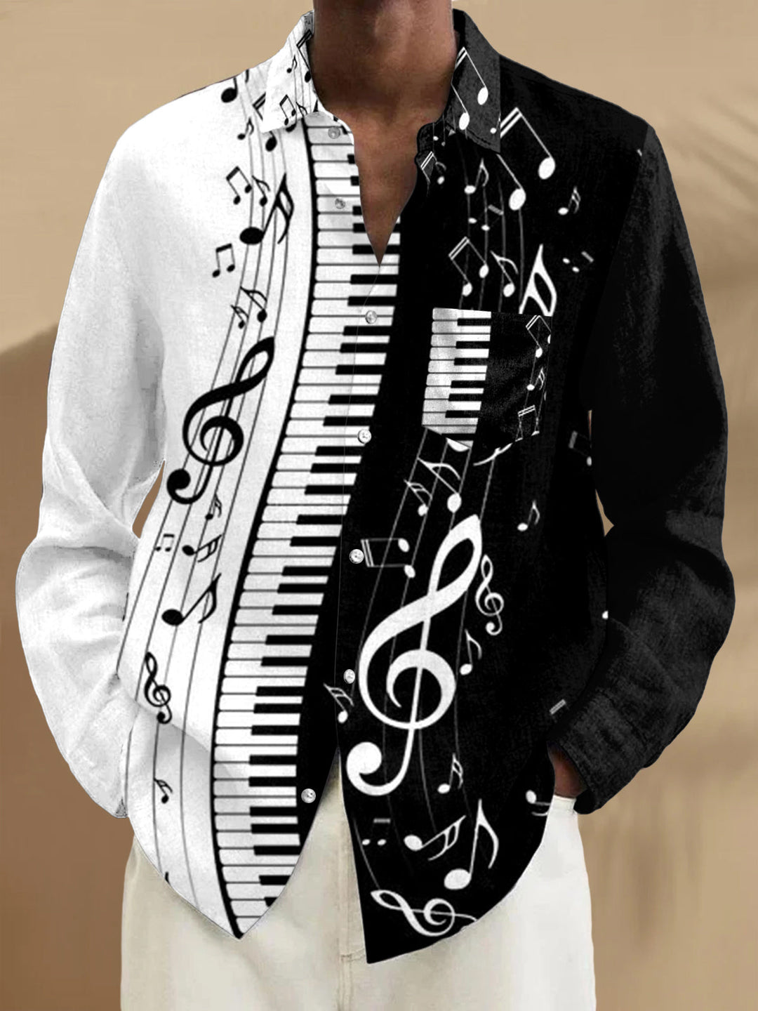 Oceanlyte Men's Graphic Piano Keys Musical Notes Print Long Sleeve Button Down Shirt with Chest Pocket