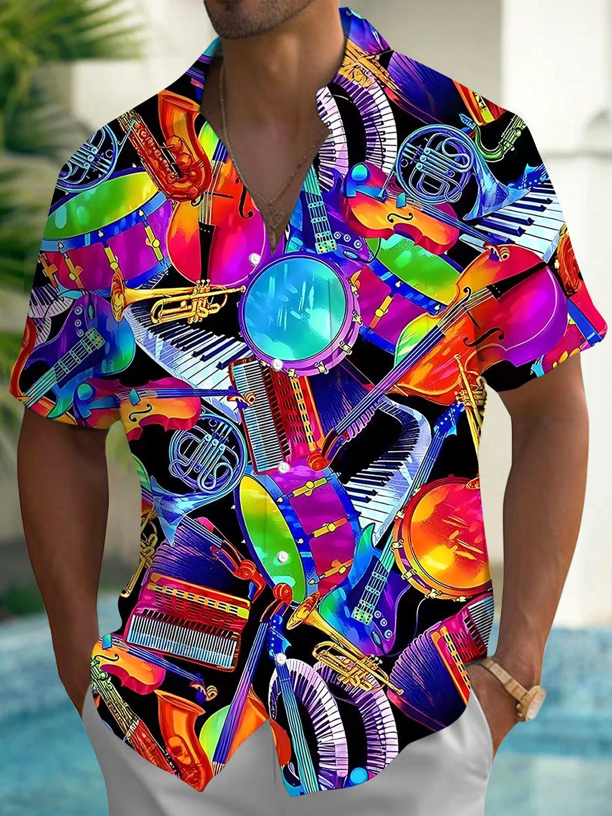 Oceanlyte Men's Graphic Musical Instruments Pattern Print Short Sleeve Button Down Shirt with Chest Pocket
