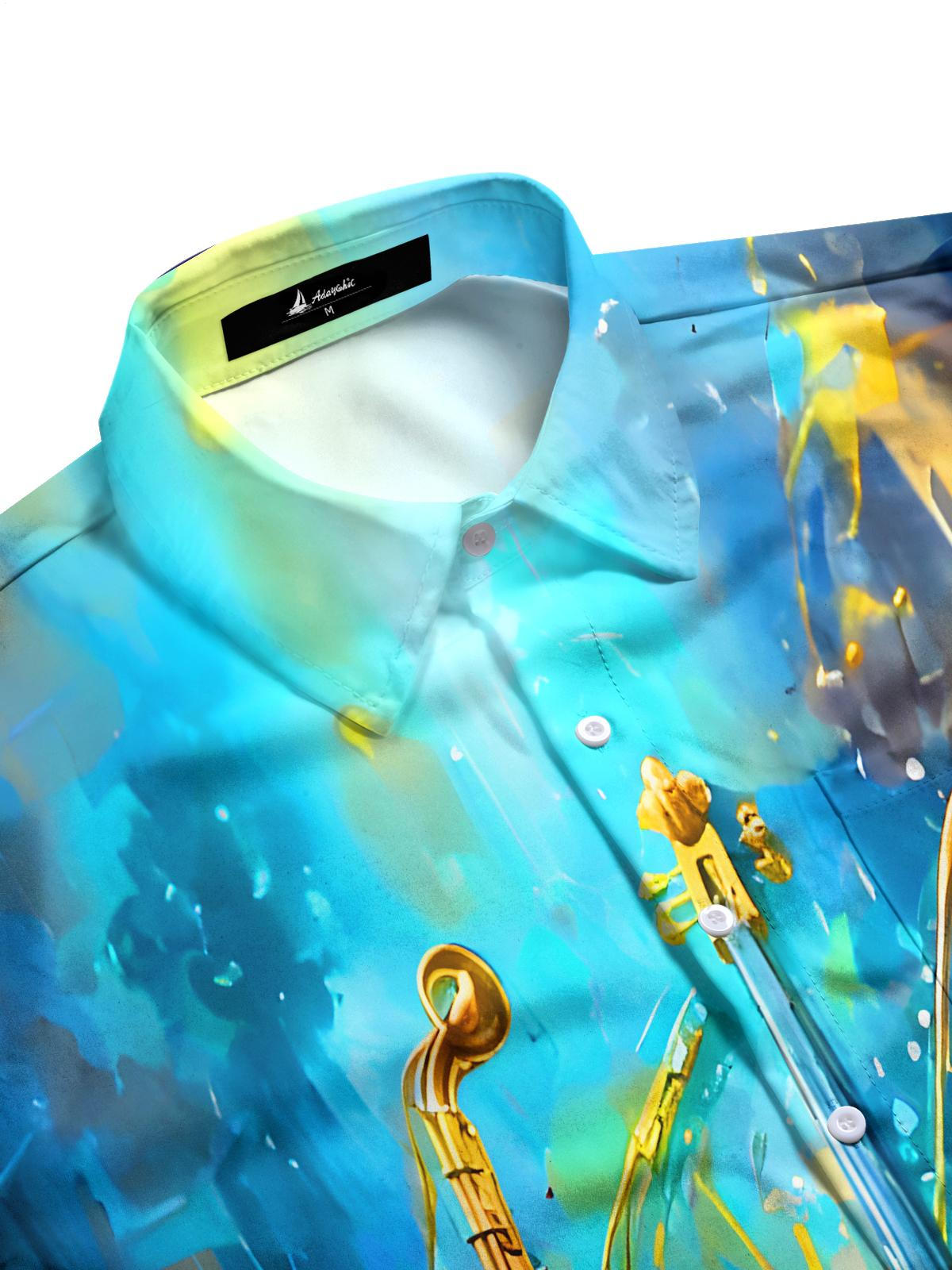 Oceanlyte Men's Graphic Abstract Musical Instruments Watercolor Print Short Sleeve Button Down Shirt with Chest Pocket