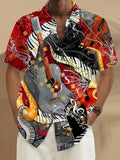 Oceanlyte Men's Graphic Abstract Musical Instruments Collage Print Short Sleeve Button Down Shirt with Chest Pocket