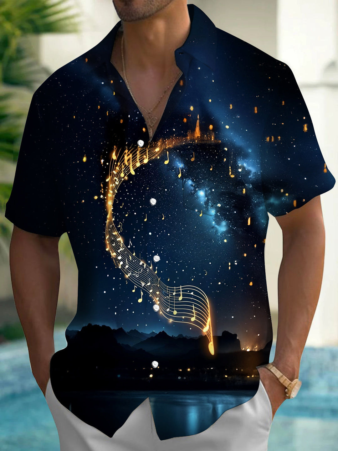Oceanlyte Men's Graphic Musical Notes Night Sky Print Short Sleeve Button Down Shirt with Chest Pocket