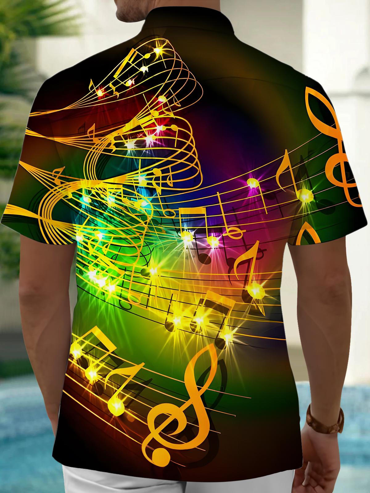 Oceanlyte Men's Green Graphic Abstract Glowing Musical Note Print Short Sleeve Button Down Shirt with Chest Pocket