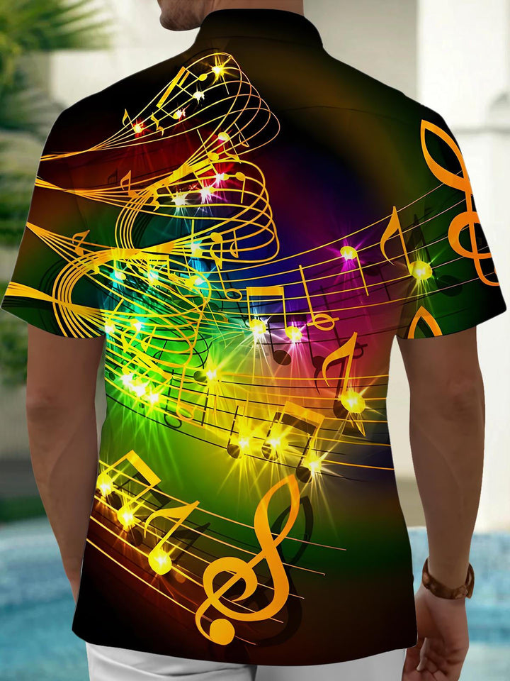 Oceanlyte Men's Green Graphic Abstract Glowing Musical Note Print Short Sleeve Button Down Shirt with Chest Pocket