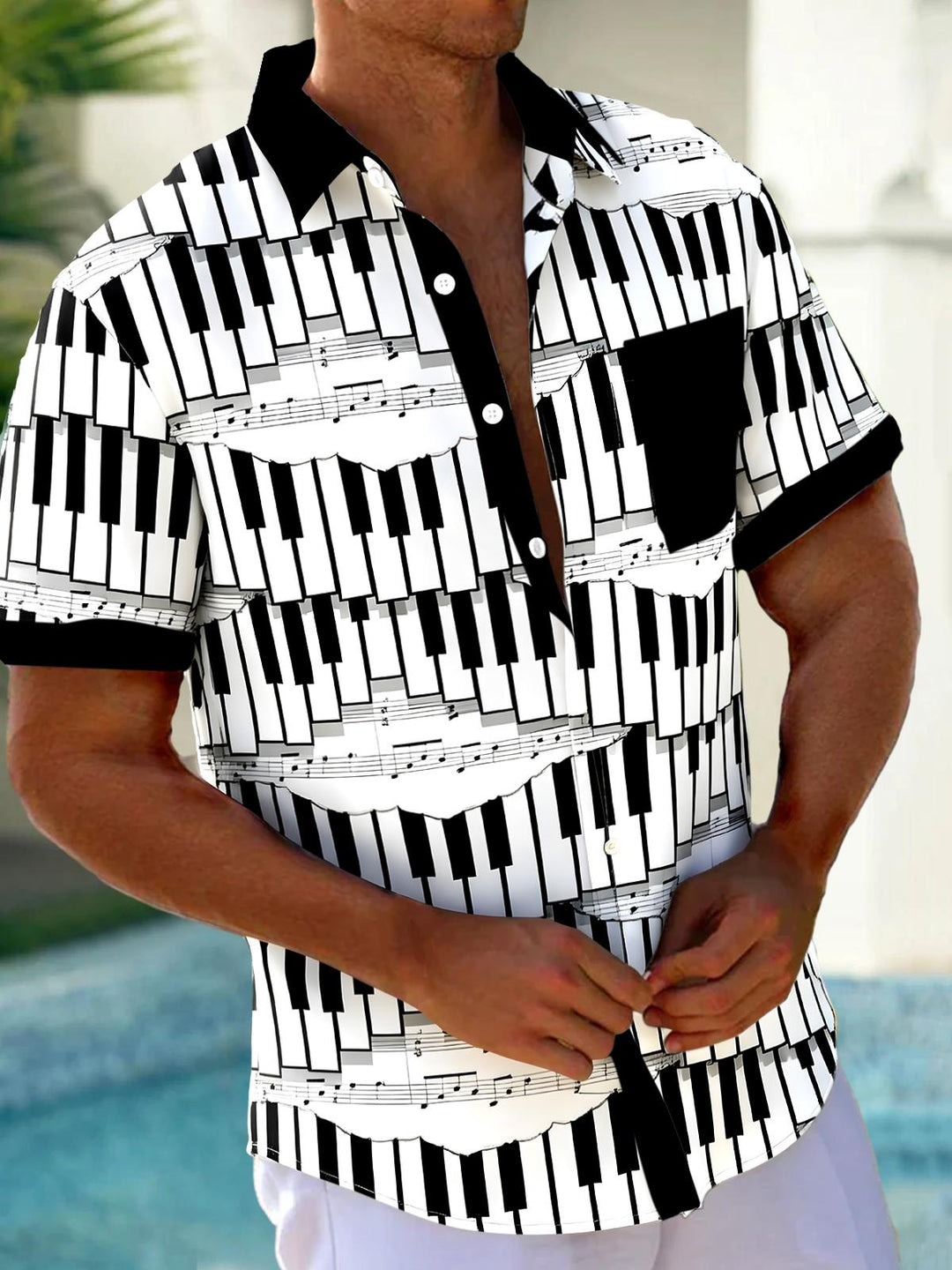 Oceanlyte Men's Graphic Geometric Piano Keys Musical Notes Print Short Sleeve Button Down Shirt with Chest Pocket