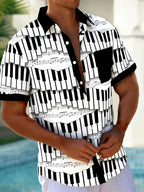 Oceanlyte Men's Graphic Geometric Piano Keys Musical Notes Print Short Sleeve Button Down Shirt with Chest Pocket