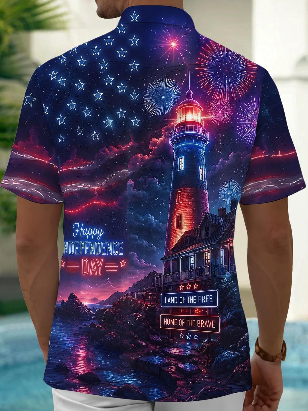 Independence Day Lighthouse Neon Night Scene Men's Pocket Short Sleeve Shirts