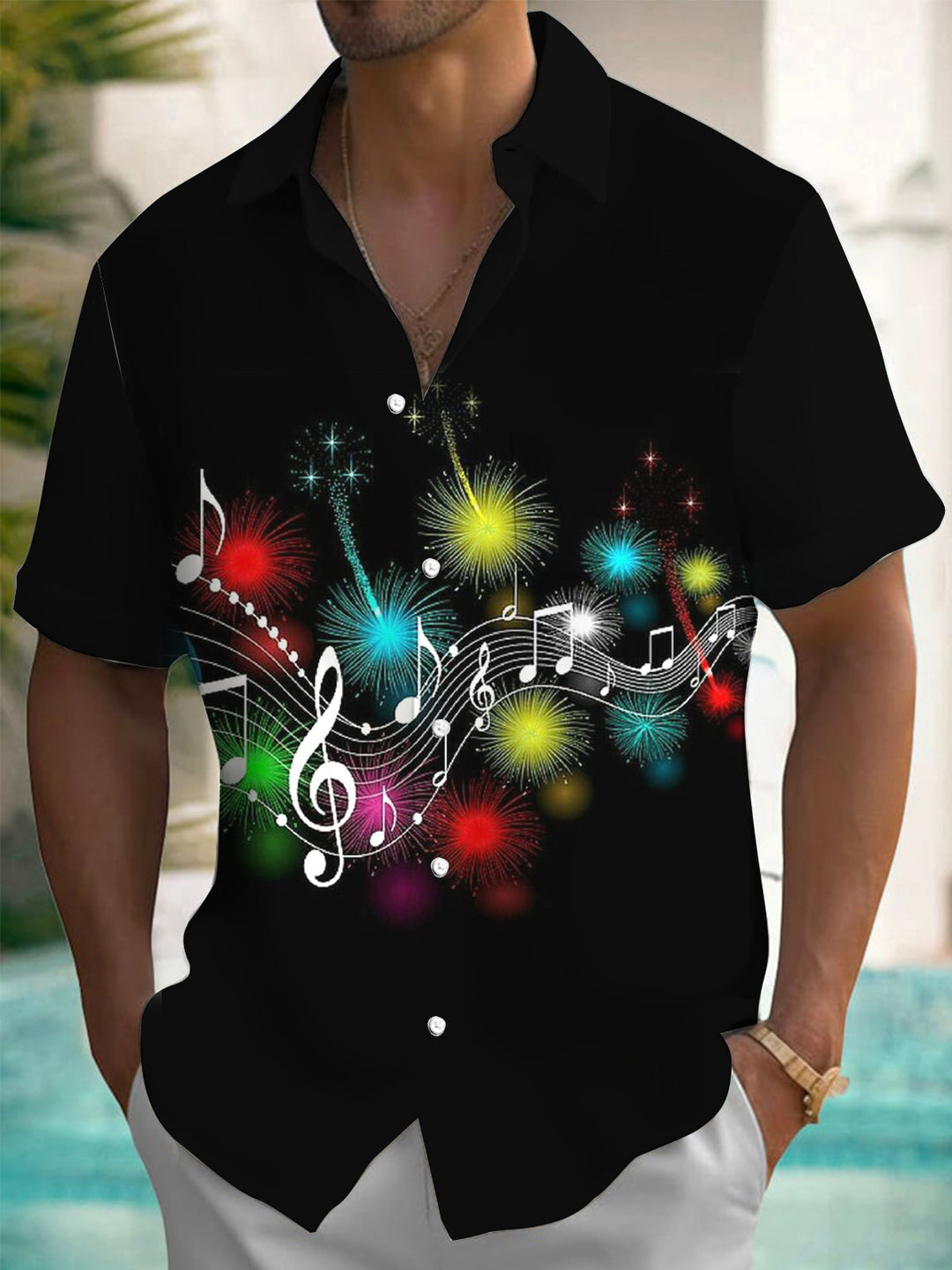 Oceanlyte Men's Graphic Musical Notes Fireworks Print Short Sleeve Button Down Shirt with Chest Pocket