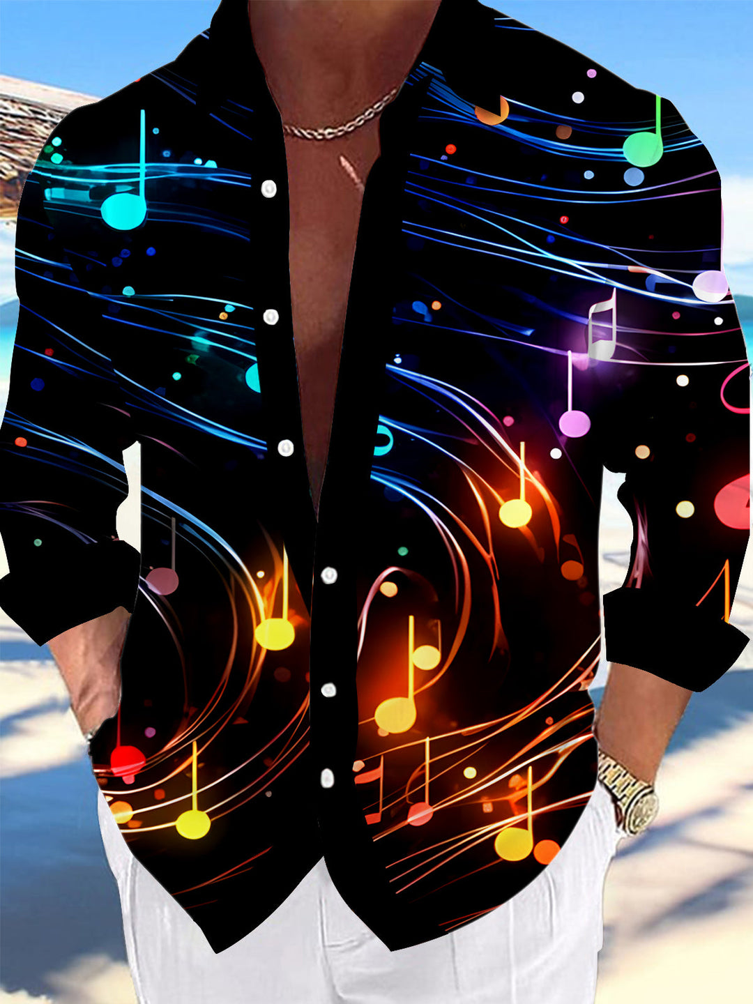 Oceanlyte Men's Graphic Abstract Musical Notes Swirl Print Long Sleeve Button Down Shirt with Chest Pocket