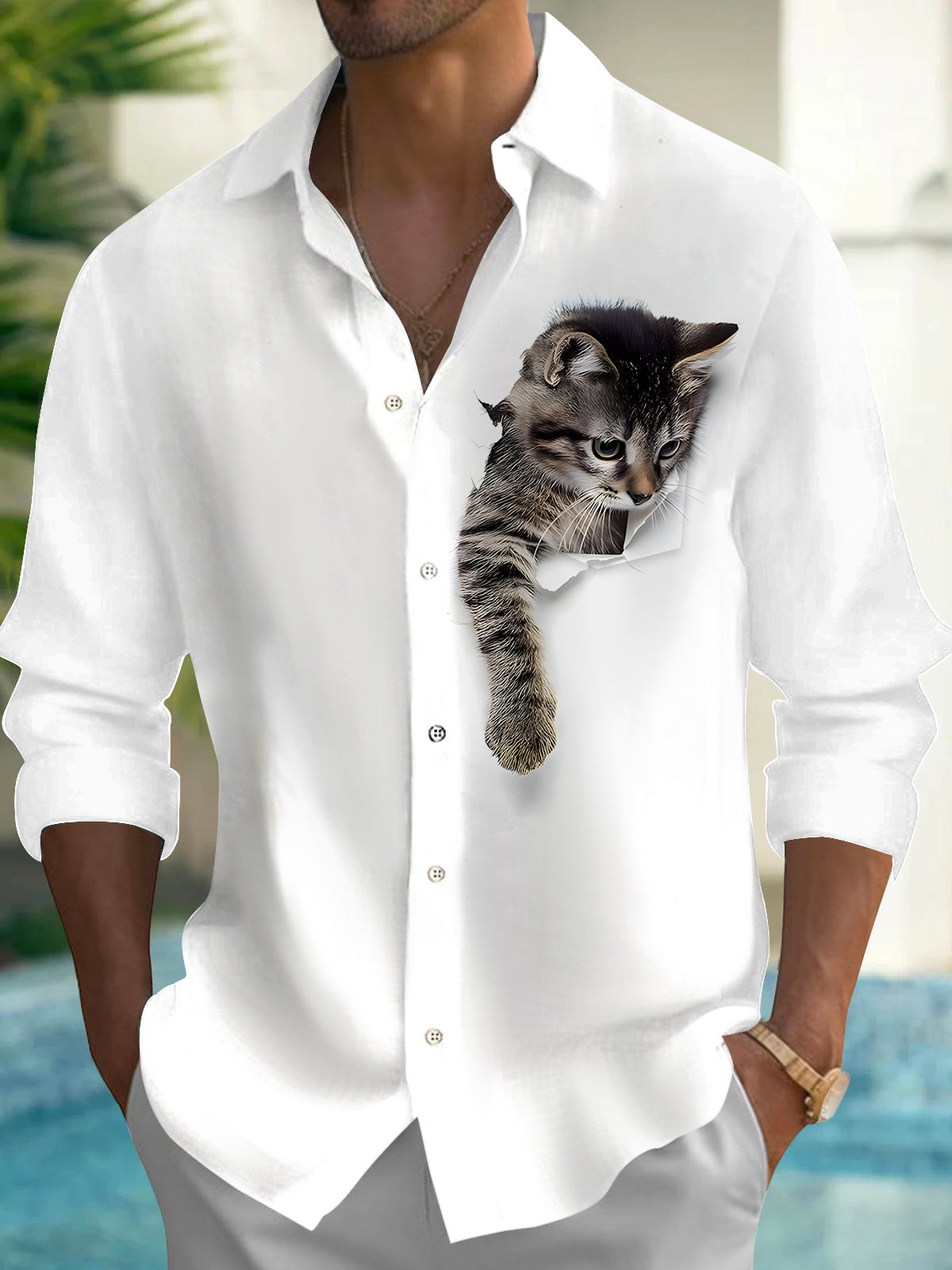 Oceanlyte Men's 3D Kitten Graphic Print Long Sleeve Button Down Shirt with Chest Pocket