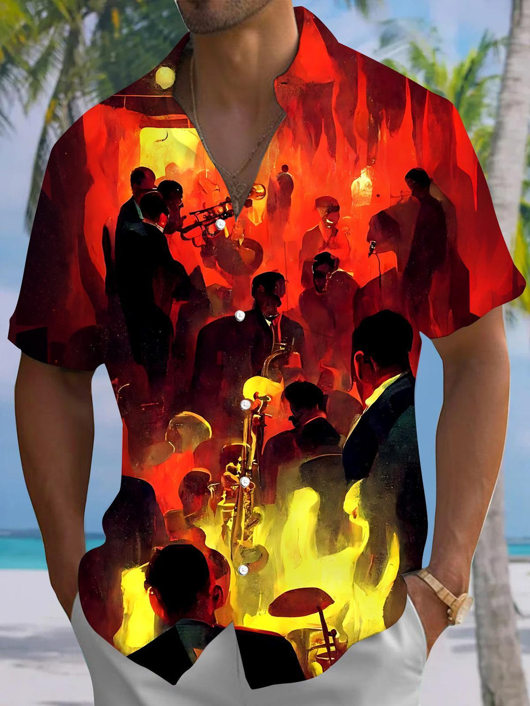 Oceanlyte Men's Jazz Band Musicians Graphic Print Short Sleeve Button Down Shirt with Chest Pocket