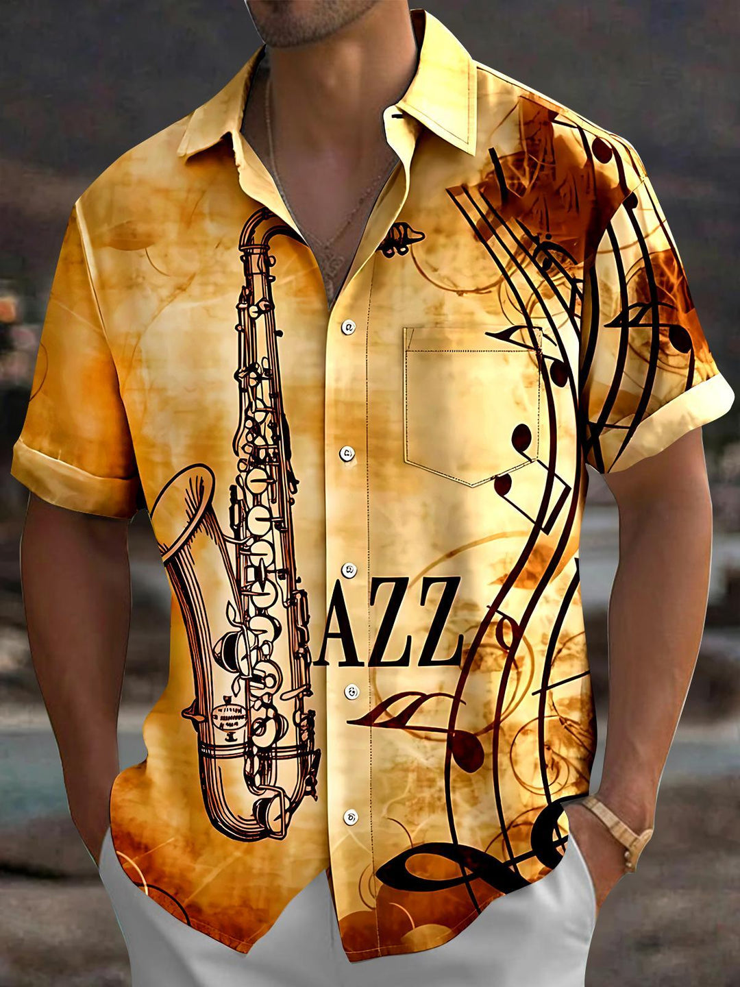 Oceanlyte Men's Graphic Jazz Saxophone Musical Notes Print Short Sleeve Button Down Shirt with Chest Pocket