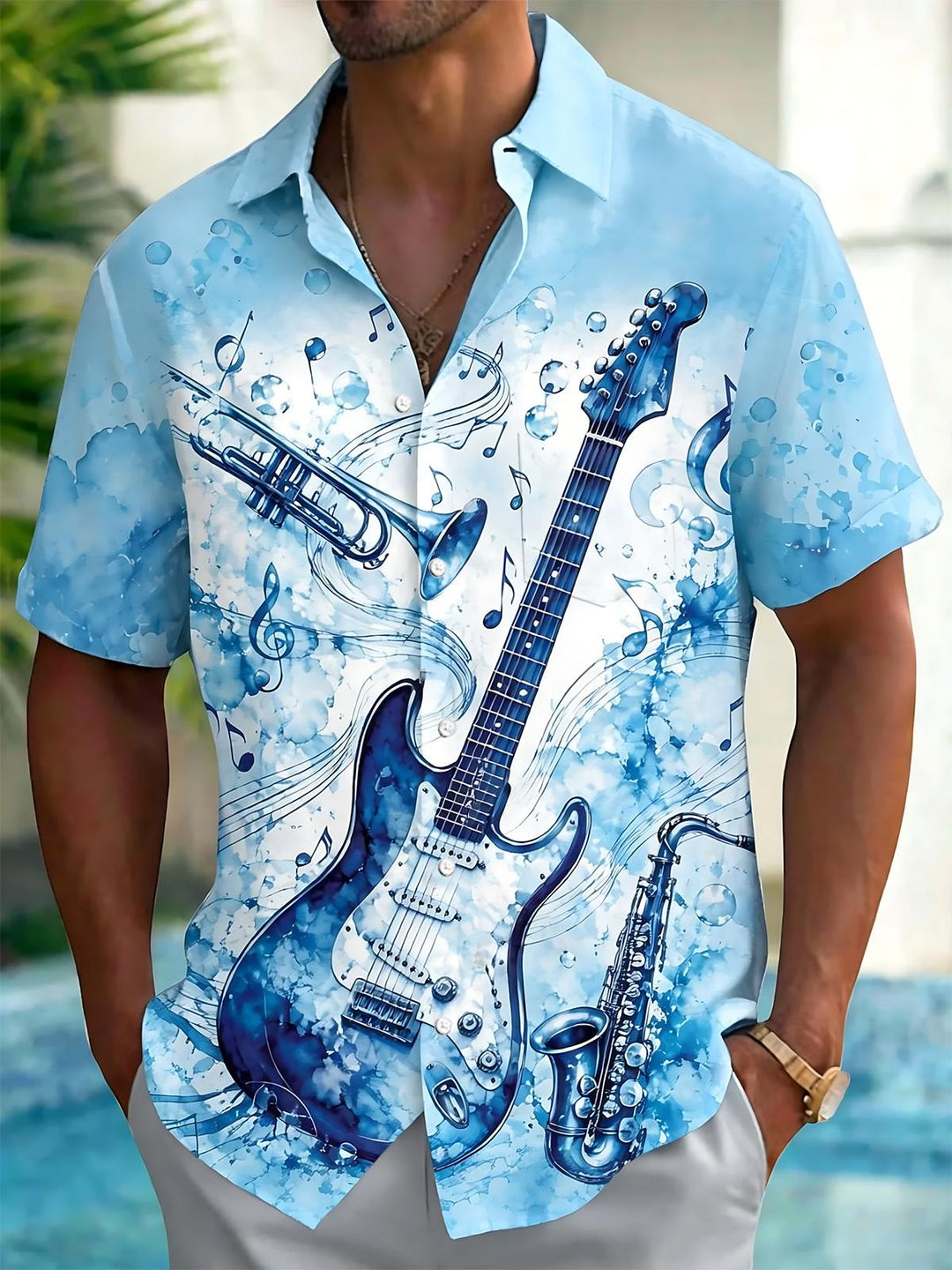 Oceanlyte Men's Graphic Watercolor Musical Instruments Print Short Sleeve Button Down Shirt with Chest Pocket