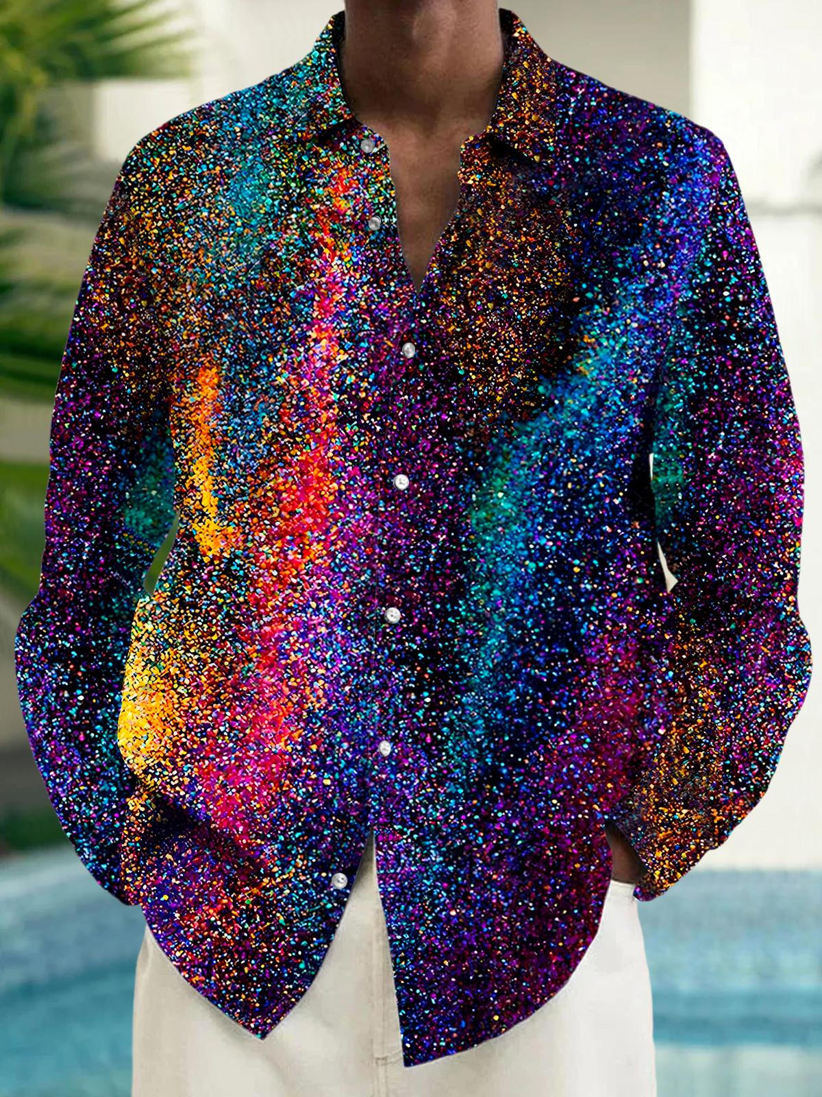 Oceanlyte Men's Graphic Abstract Rainbow Glitter Confetti Pattern Print Long Sleeve Button Down Shirt with Chest Pocket