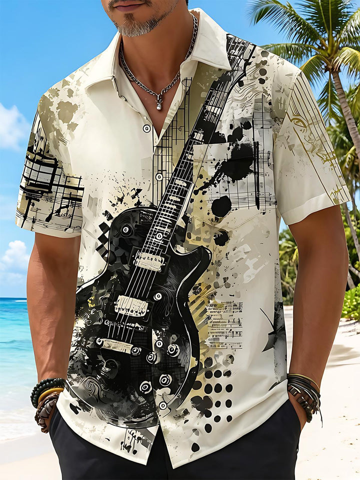 Oceanlyte Men's Graphic Electric Guitar Musical Notes Print Short Sleeve Button Down Shirt with Chest Pocket