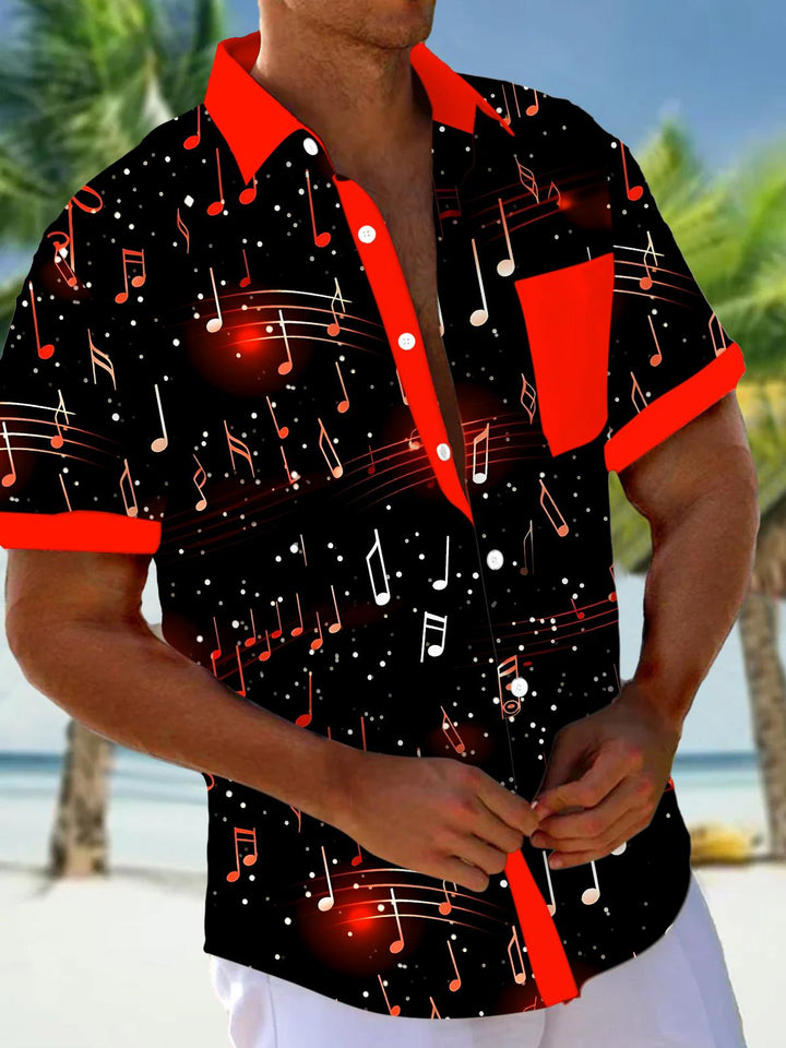 Men's Graphic Musical Note Pattern Print Short Sleeve Button Down Shirt with Chest Pocket