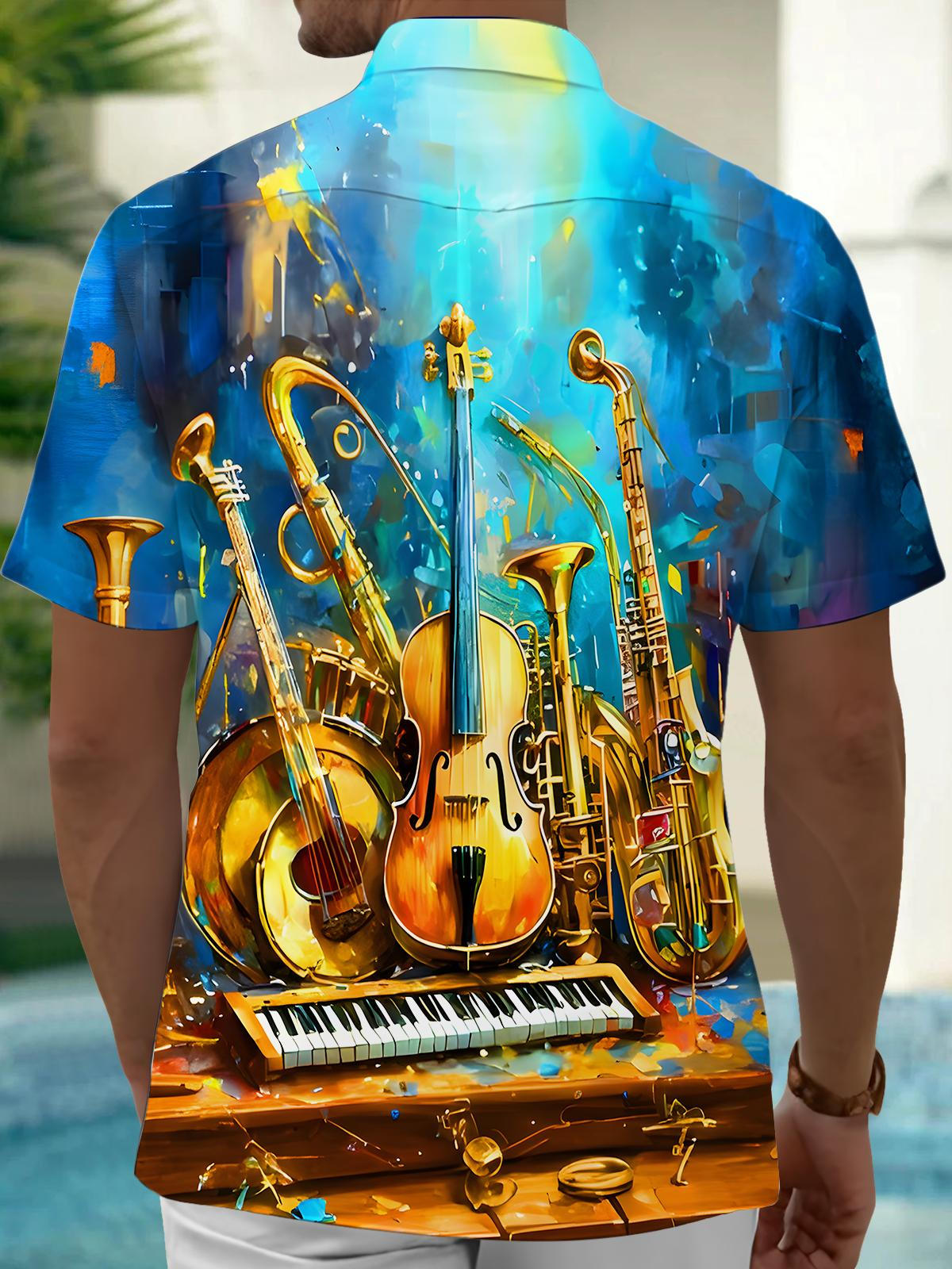 Oceanlyte Men's Graphic Abstract Musical Instruments Watercolor Print Short Sleeve Button Down Shirt with Chest Pocket