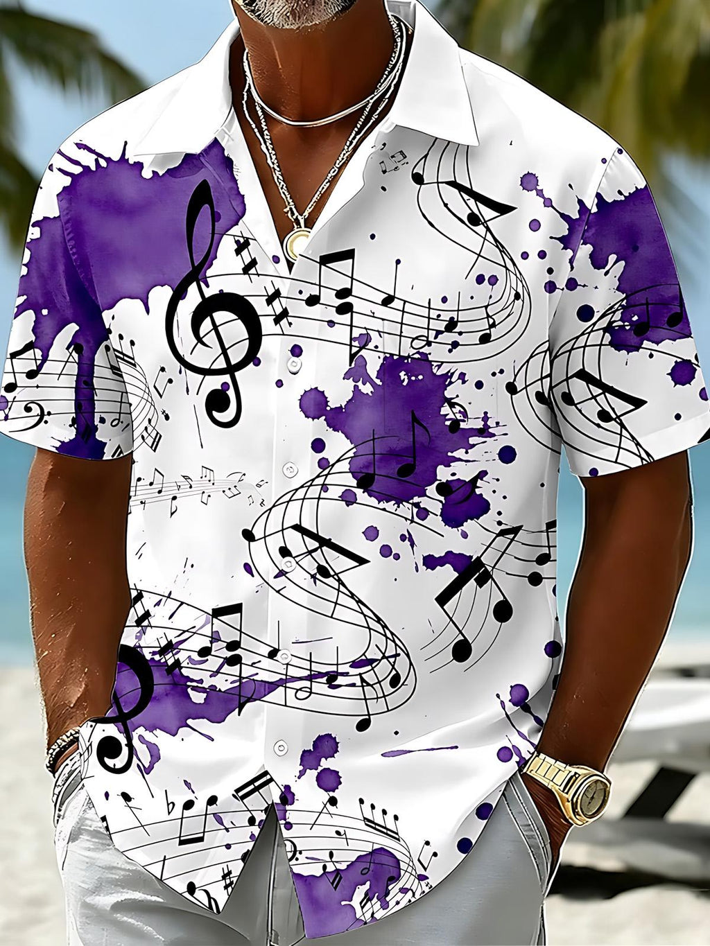 Musical Note Print Men's Pocket Short Sleeve Shirts