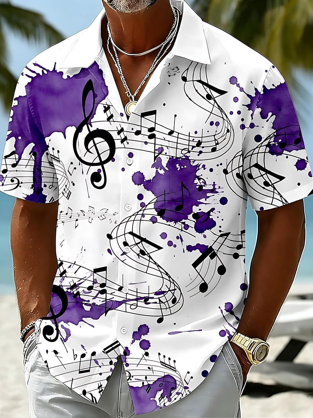 Musical Note Print Men's Pocket Short Sleeve Shirts