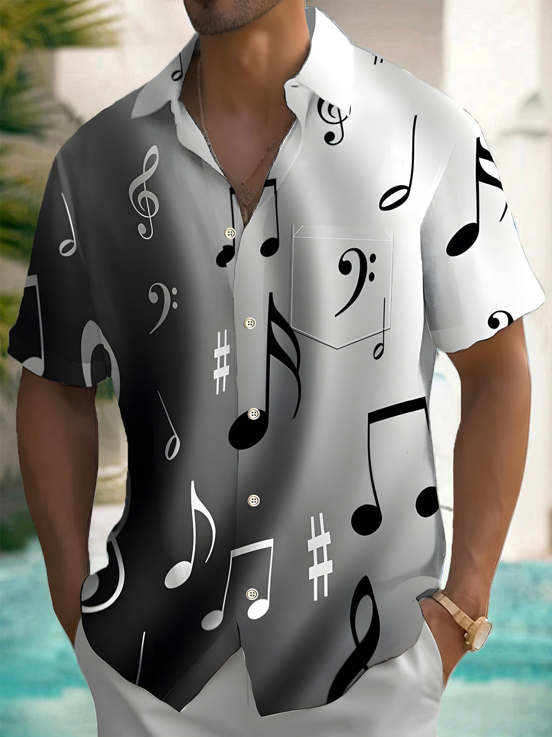 Oceanlyte Men's Graphic Musical Notes Gradient Print Short Sleeve Button Down Shirt with Chest Pocket