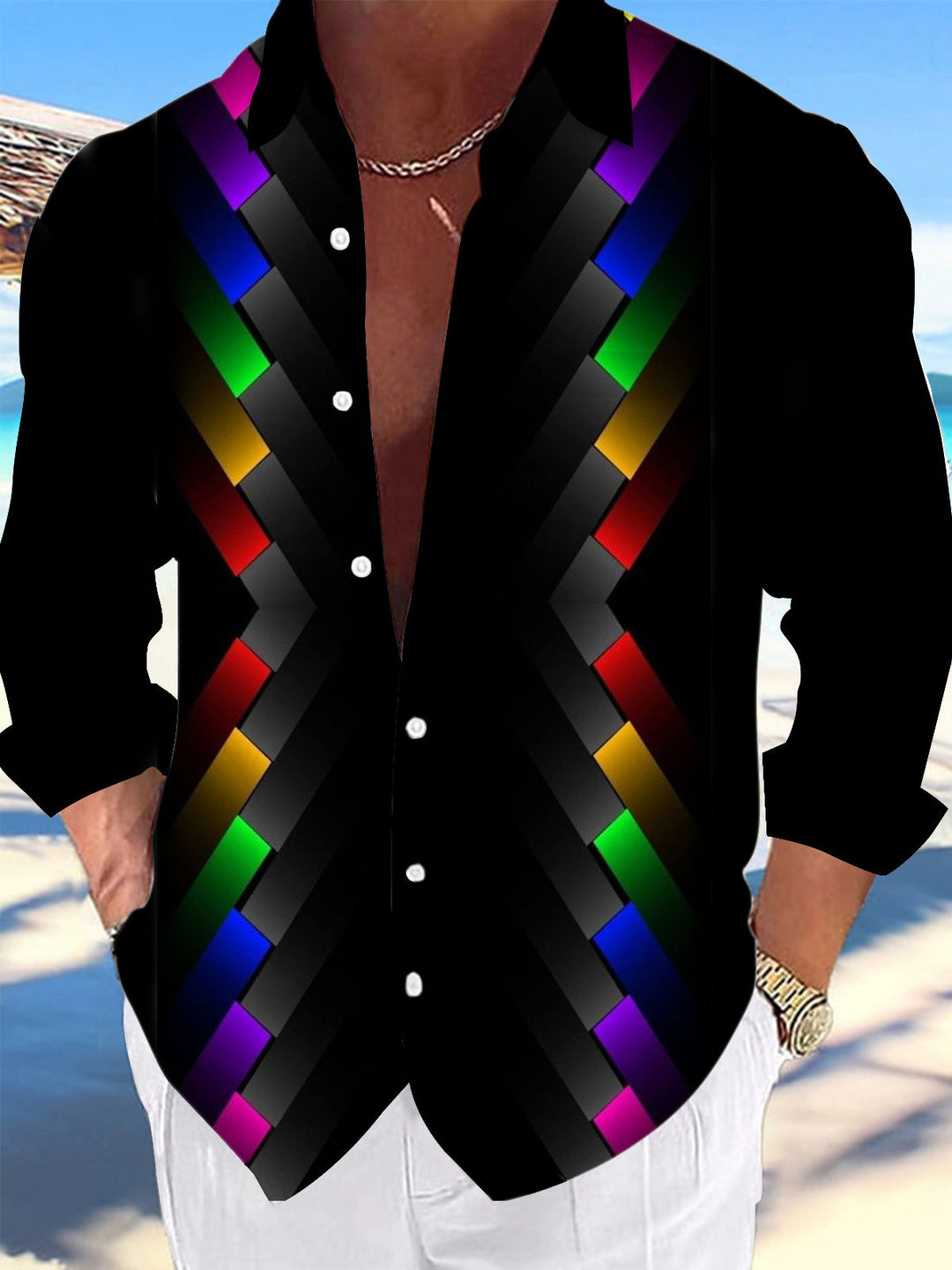 Oceanlyte Men's Geometric Chevron Stripe Print Long Sleeve Button Down Shirt with Chest Pocket