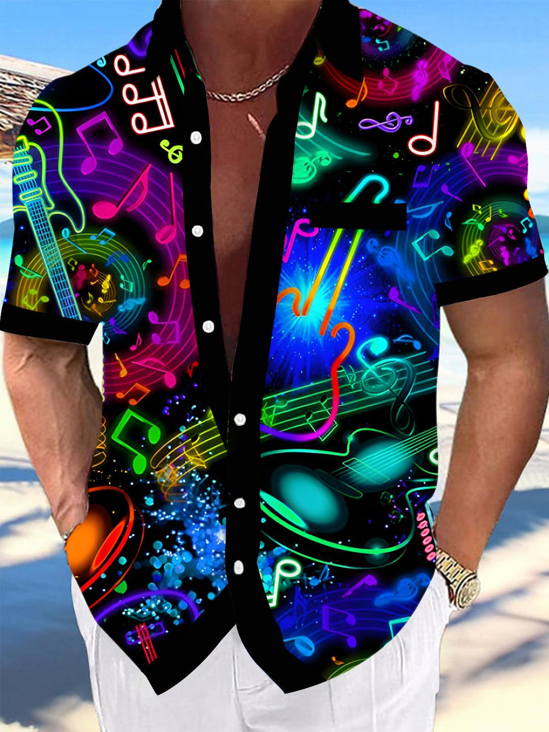 Oceanlyte Men's Graphic Abstract Neon Music Notes Print Short Sleeve Button Down Shirt with Chest Pocket