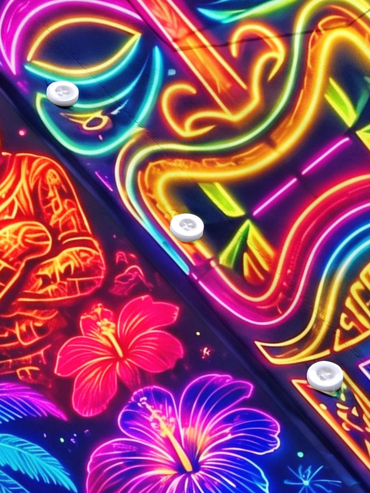 Colorful Neon Tiki Tribal Totem Hawaiian Tropical Party Men's Pocket Short Sleeve Shirts