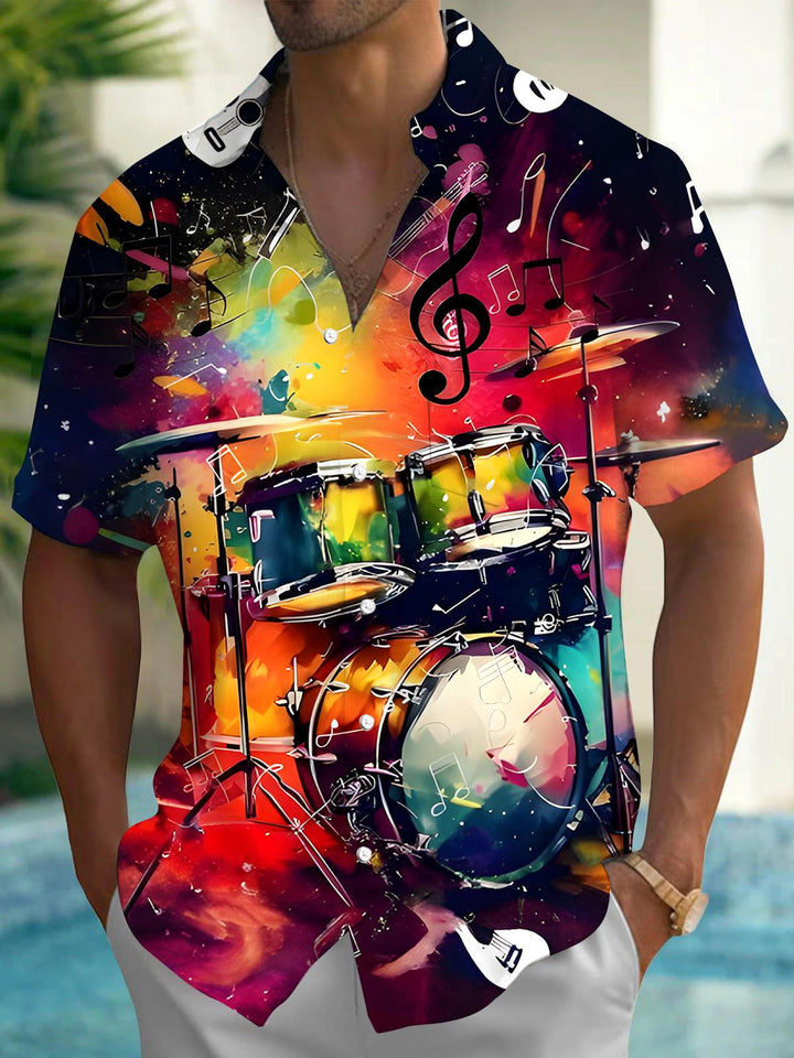Oceanlyte Men's Graphic Abstract Drum Set Musical Notes Print Short Sleeve Button Down Shirt with Chest Pocket